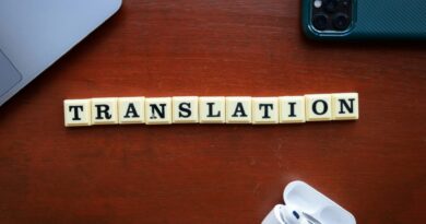 Balança da justiça sobre livros com tradutor público digitando ao fundo